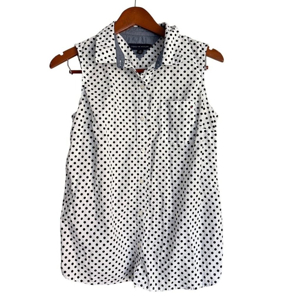 Tommy Hilfiger Sleeveless Button Down Shirt Womens S White Black Polka Dot